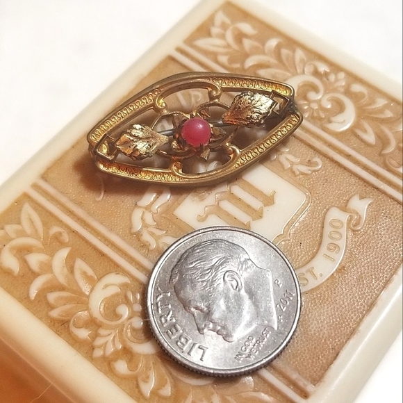 Victorian Era 1800s Gold Filled Pink Glass Cabochon Brooch - Picture 1 of 5